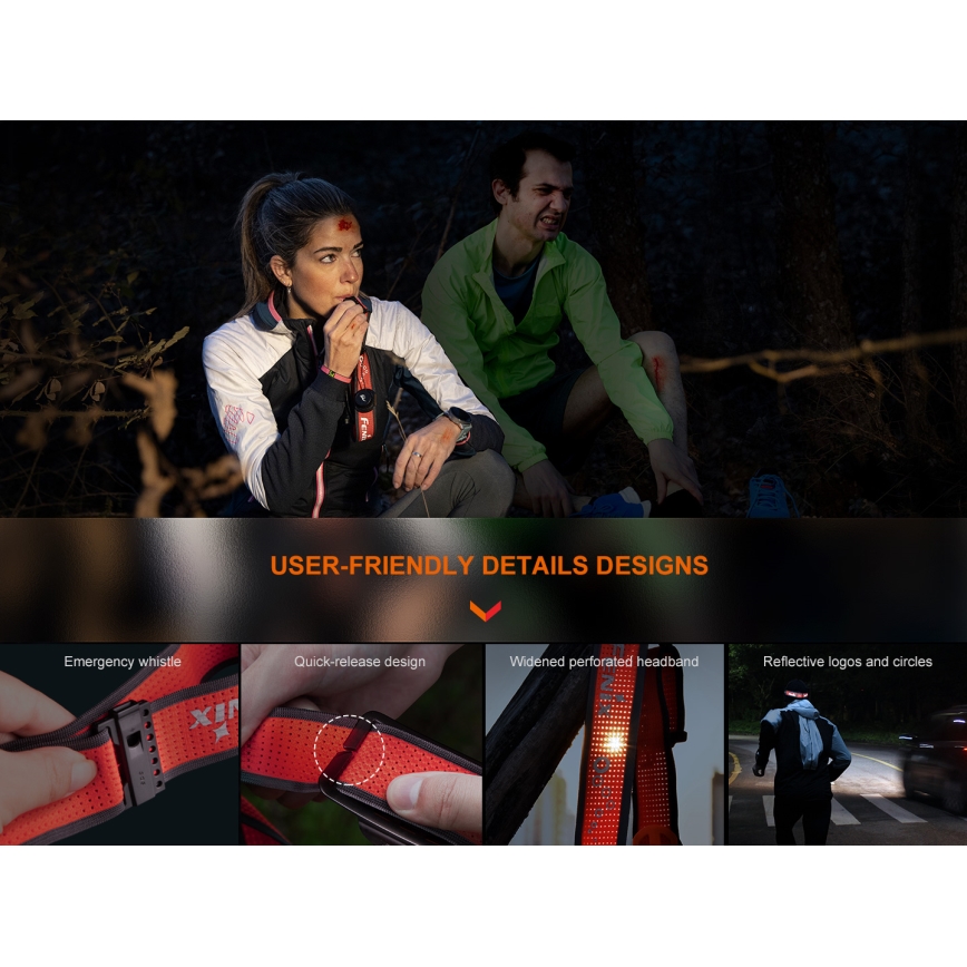 Fenix HM65RTV20BLC- Lampe frontale rechargeable à intensité variable LED/USB/2xCR123A IP68 3400 mAh noir/orange