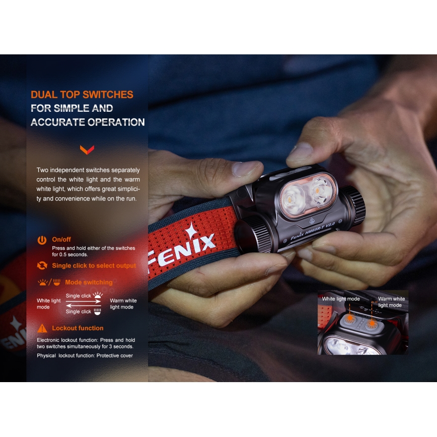 Fenix HM65RTV20PRP - Lampe frontale à intensité variable rechargeable LED/USB/2xCR123A IP68 1600 lm 300h 3400 mAh noir/violet