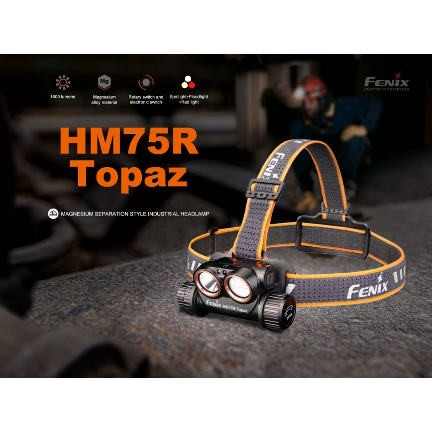 Fenix HM75RTOPAZ - Lampe frontale à intensité variable rechargeable LED/USB IP68 1600 lm 210 h