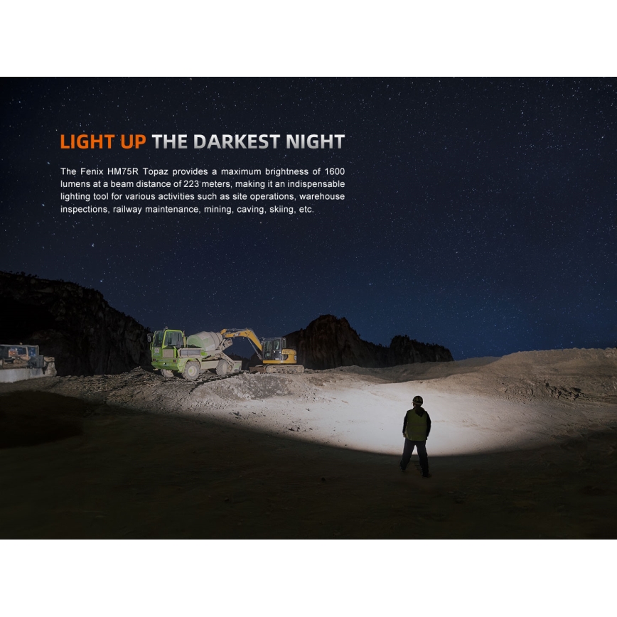 Fenix HM75RTOPAZ - Lampe frontale à intensité variable rechargeable LED/USB IP68 1600 lm 210 h