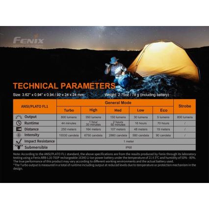 Fenix PD25R - Lampe torche rechargeable LED/USB/1xCR123A IP68 800 lm 70 h 700 mAh