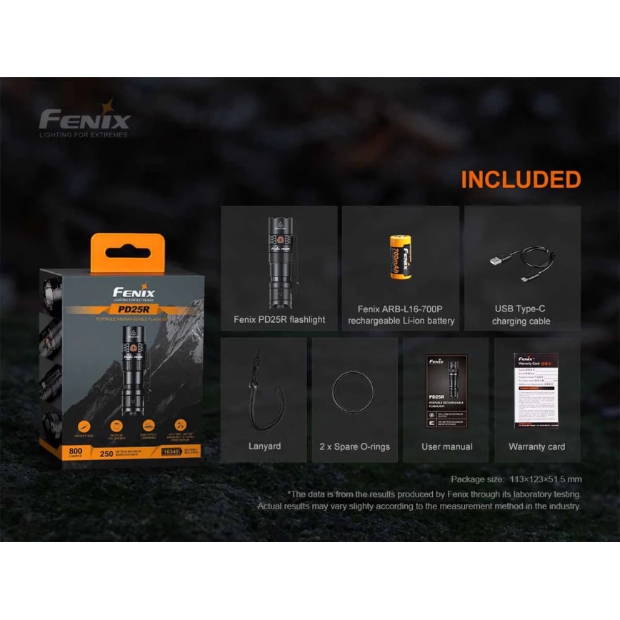 Fenix PD25R - Lampe torche rechargeable LED/USB/1xCR123A IP68 800 lm 70 h 700 mAh