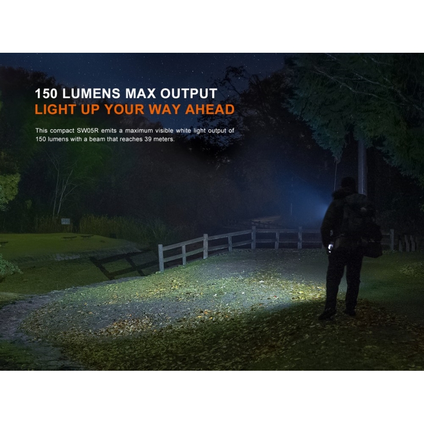 Fenix SW05RUVBLC - Lampe torche à intensité variable rechargeable LED/USB IPX6 150 lm 49 h 700 mAh noir