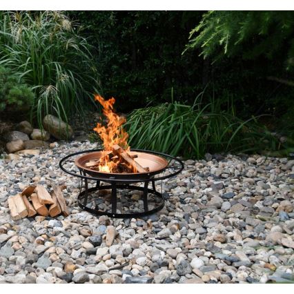 Feu de camp portable en bois avec grille noir/cuivre