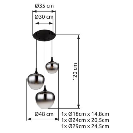 Globo - Suspension filaire 3xE27/40W/230V d. 48 cm noir