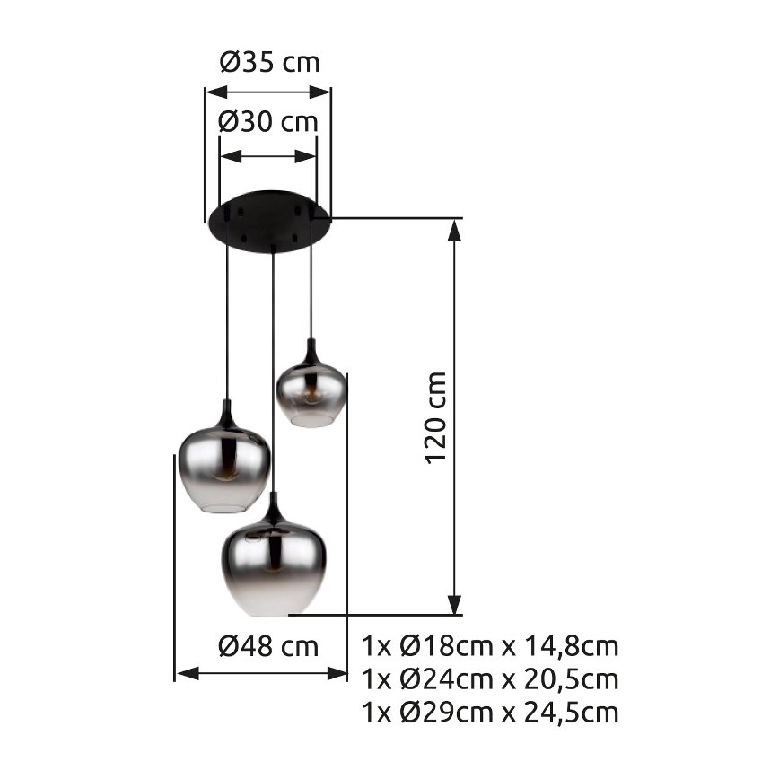 Globo - Suspension filaire 3xE27/40W/230V d. 48 cm noir