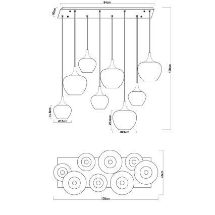 Globo - Suspension sur câble 8xE27/40W/230V, finition cuivrée