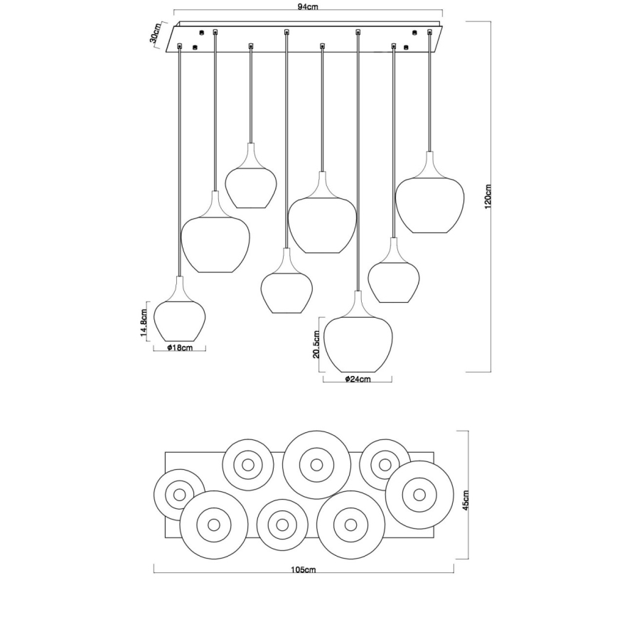 Globo - Suspension sur câble 8xE27/40W/230V, finition cuivrée