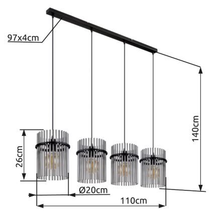 Globo - Suspension filaire 4xE27/60W/230V noir