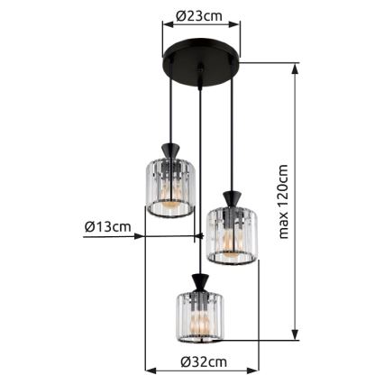 Globo - Suspension filaire 3xE27/60W/230V d. 32 cm noir