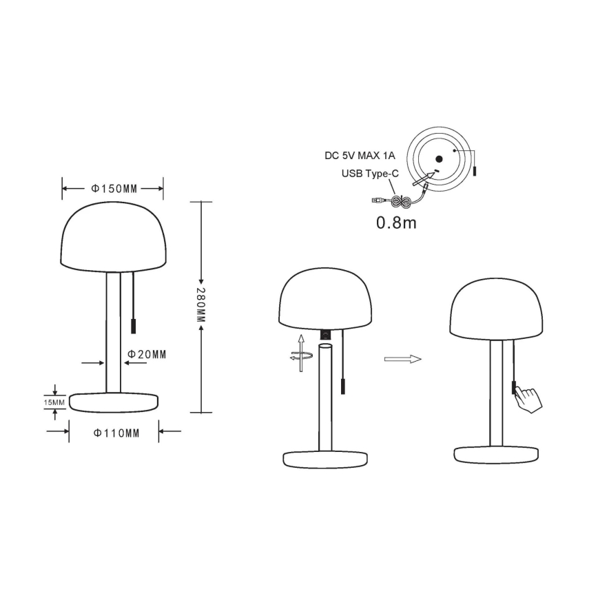 Globo - Lampe de table rechargeable LED/1,5W/3,7V 3000/4200/6000K 1800mAh laiton