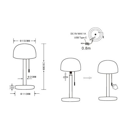 Globo - Lampe de table rechargeable LED/1,5W/3,7V 3000/4200/6000K 1800mAh noir