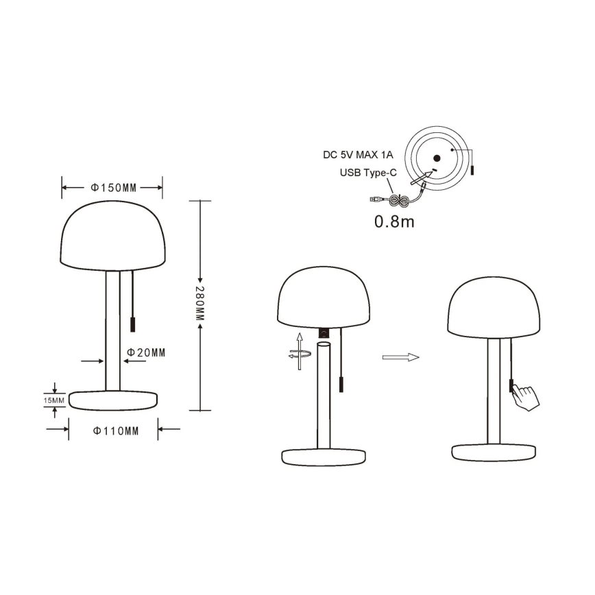 Globo - Lampe de table rechargeable LED/1,5W/3,7V 3000/4200/6000K 1800mAh noir