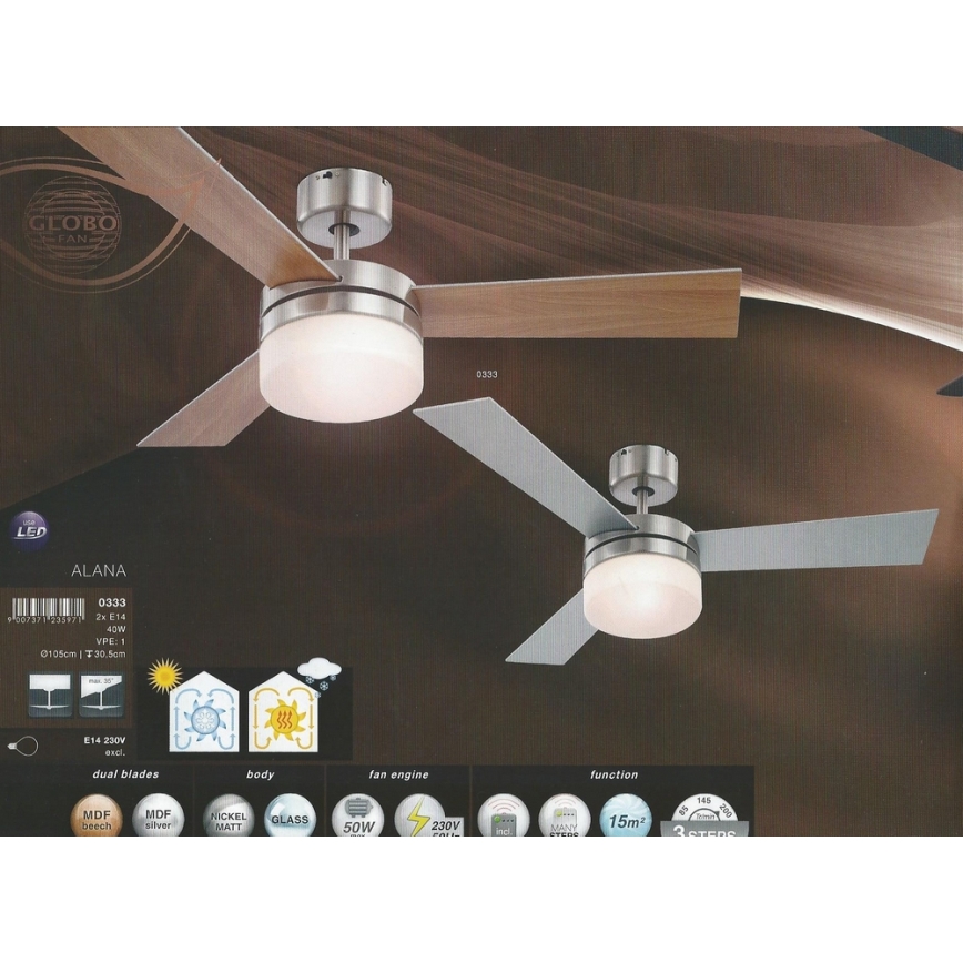 GLOBO 0333 - Ventilateur de plafond ALANA 2xE14/40W/230V