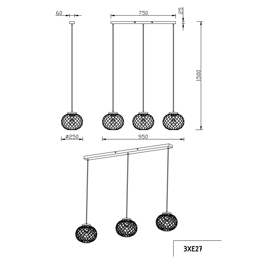 Globo - Suspension filaire 3xE27/60W/230V