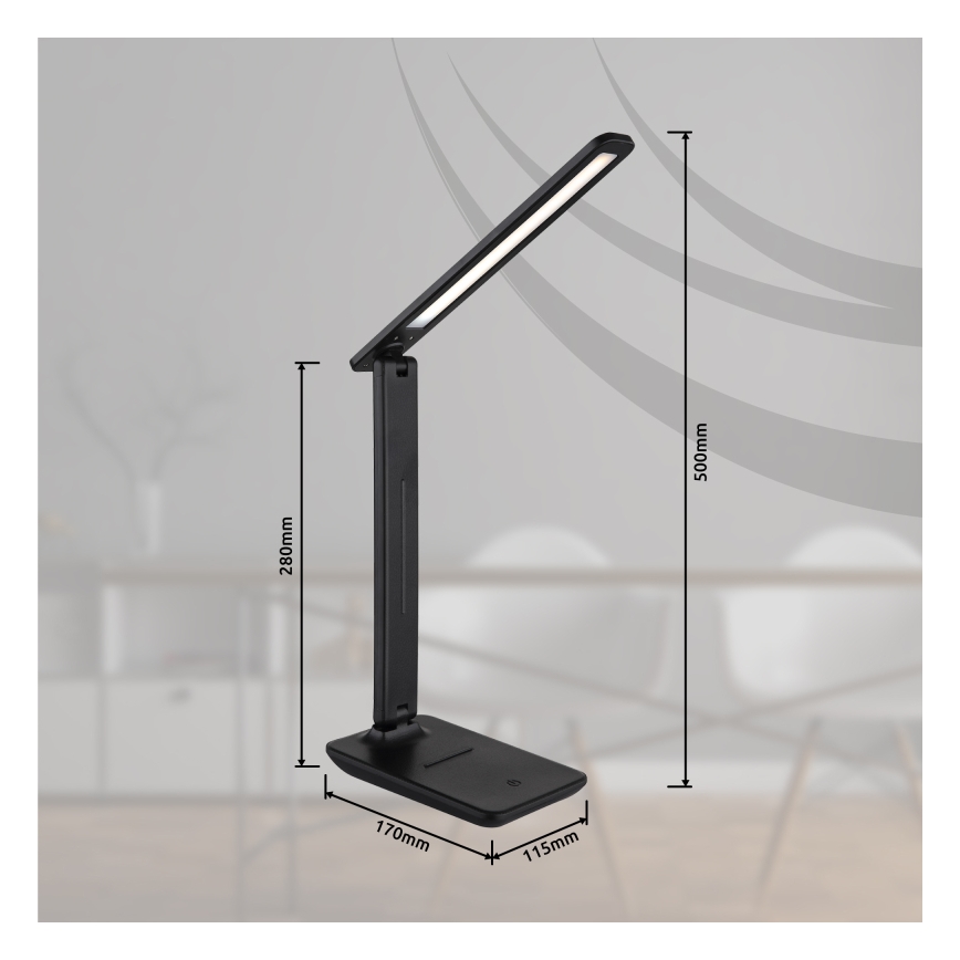 Globo - Lampe de table LED tactile, dimmable et rechargeable, 4W/5V, 2700/4000/6500K, 1800 mAh, noire