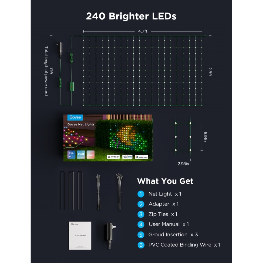 Govee - Filet lumineux LED RGBIC d'extérieur 143 × 85 cm, Wi‑Fi et compatible Matter, IP65