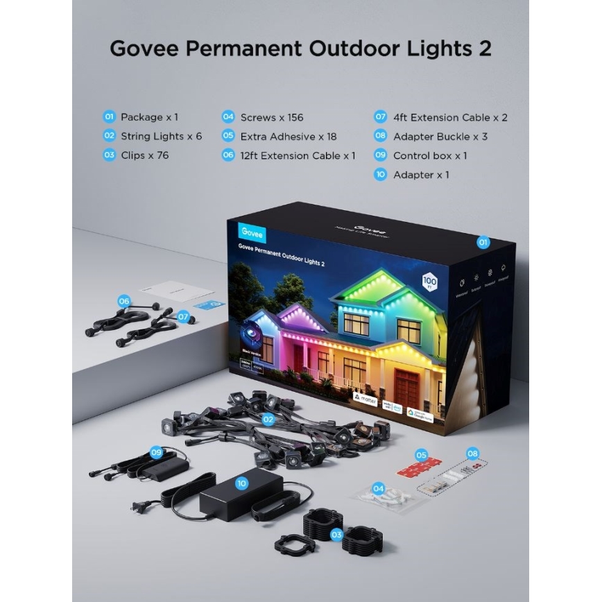 Govee - Guirlande de spots LED RGBIC 30 m, Wi‑Fi, Matter, IP67