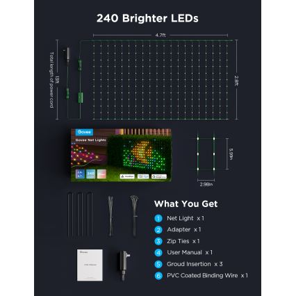 Govee - LED RGBIC Filet lumineux d'extérieur 143x85cm Wi-Fi Matter IP65