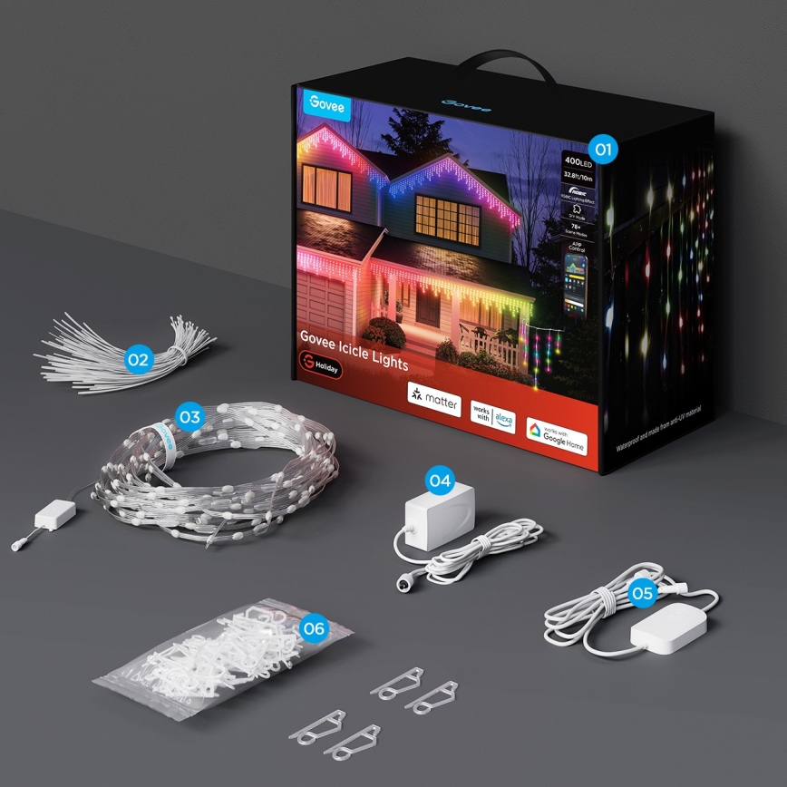 Govee - LED RGBIC Guirlande extérieure à glaçons 10m Wi-Fi Matter IP65