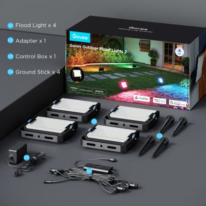 Govee - Lot de 4 projecteurs LED RGBICWW dimmables, 24 W, 230 V, IP66, compatibles Matter et Wi‑Fi