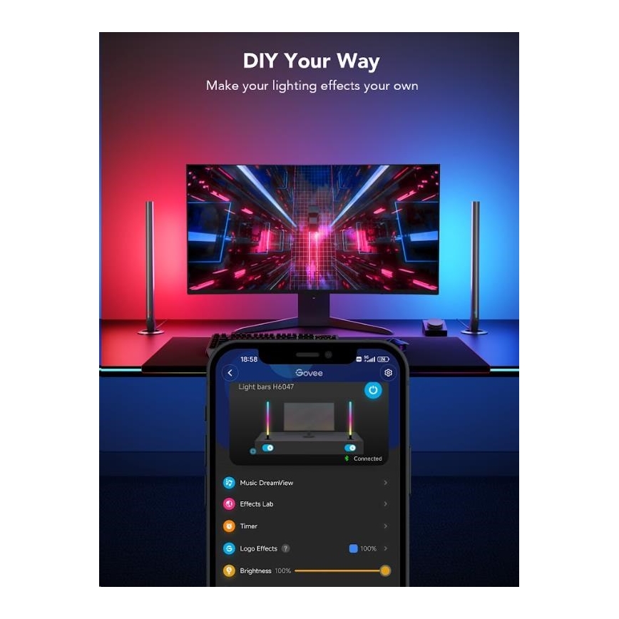 Govee - Lot de 2 panneaux LED RGBIC Smart Gaming Wi-Fi + Smart Dual noir + télécommande