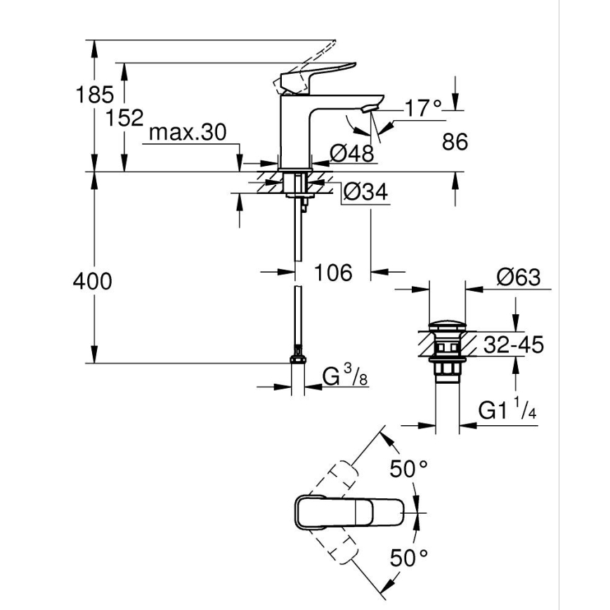GROHE 1018570000 - Mitigeur pour lavabo DICE S, chromé brillant