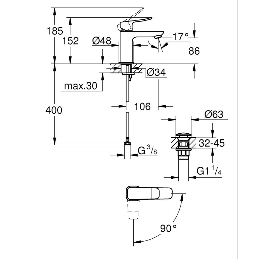 GROHE 1018610000 - Mitigeur pour lavabo DICE S, chrome brillant