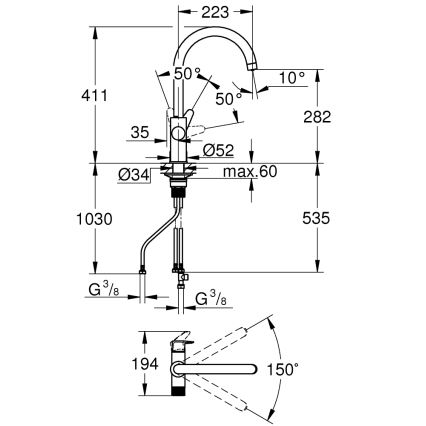 GROHE 30592000 - Mitigeur d'évier BLUE PURE StartCurve 411 mm chromé brillant