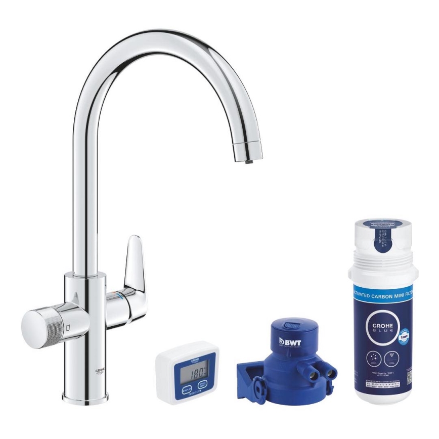 GROHE 30593000 - Mitigeur d'évier BLUE PURE, bec en C, chrome poli
