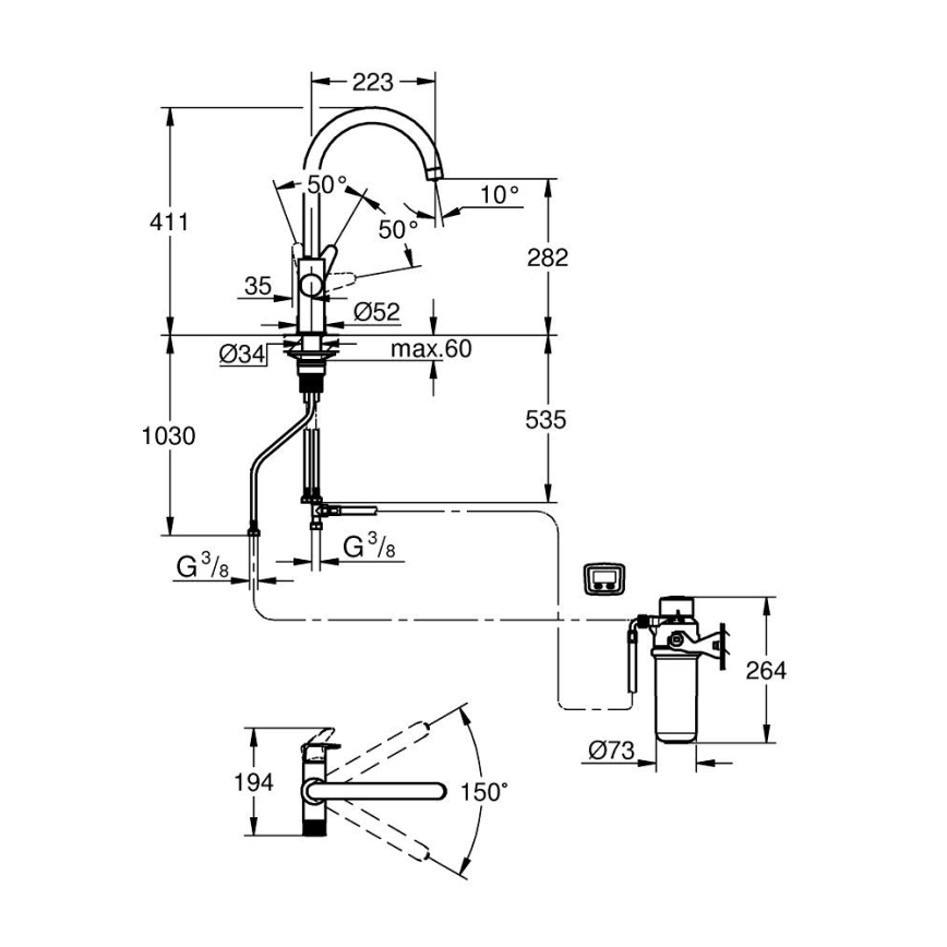 GROHE 30593000 - Mitigeur d'évier BLUE PURE, bec en C, chrome poli