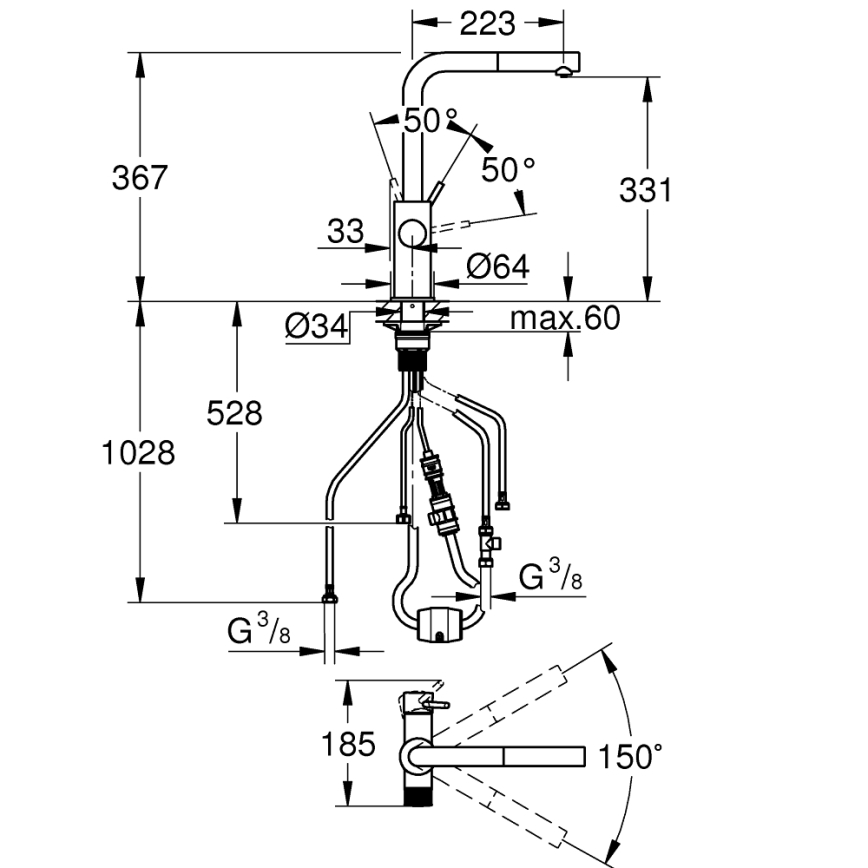 GROHE 30601DC0 - Mitigeur pour évier BLUE PURE avec douchette extractible en acier inoxydable