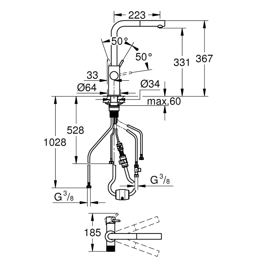 GROHE 30601DC0 - Mitigeur pour évier BLUE PURE avec douchette extractible en acier inoxydable