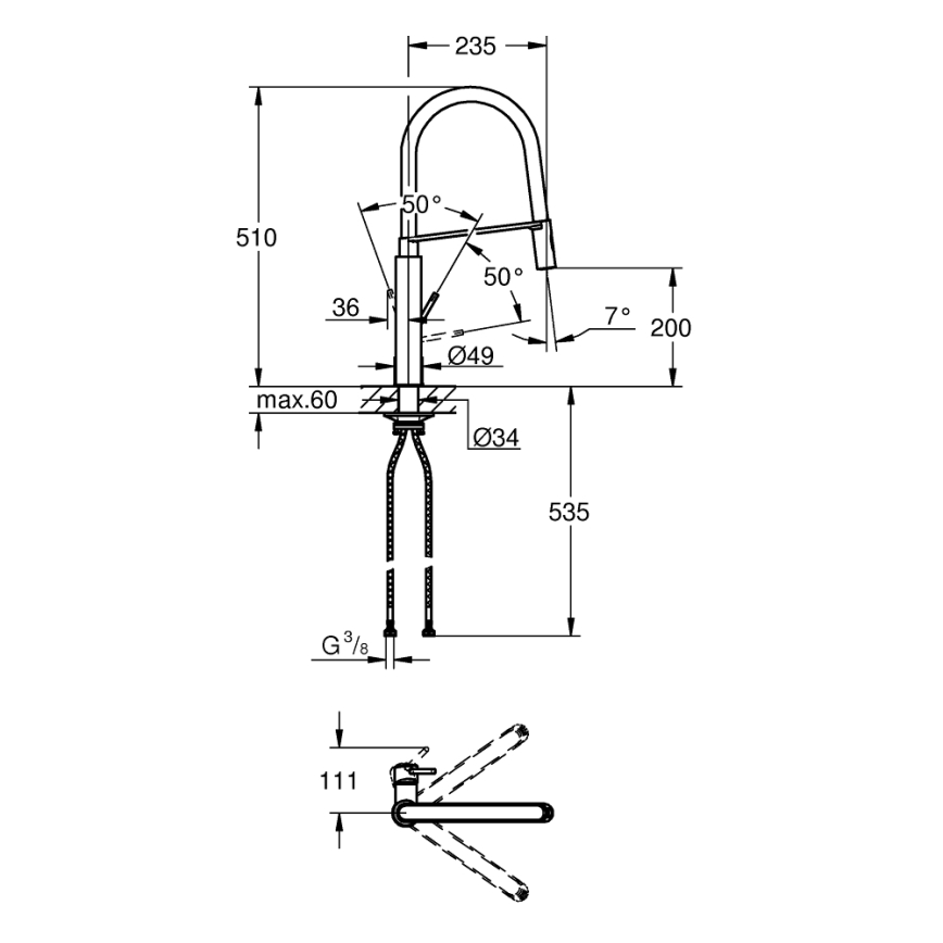 GROHE 31491000 - Mitigeur d'évier CONCETTO avec douchette professionnelle chrome brillant