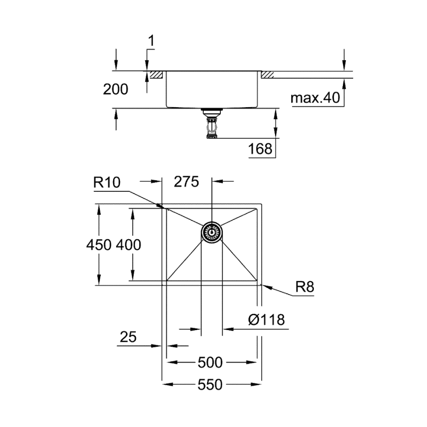 GROHE 31726SD0 - Évier de cuisine K700 550 × 450 mm en acier inoxydable