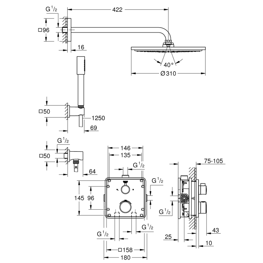 GROHE 34730000 - Kit de douche GROHTHERM RAINSHOWER COSMOPOLITAN 310 422 mm chromé