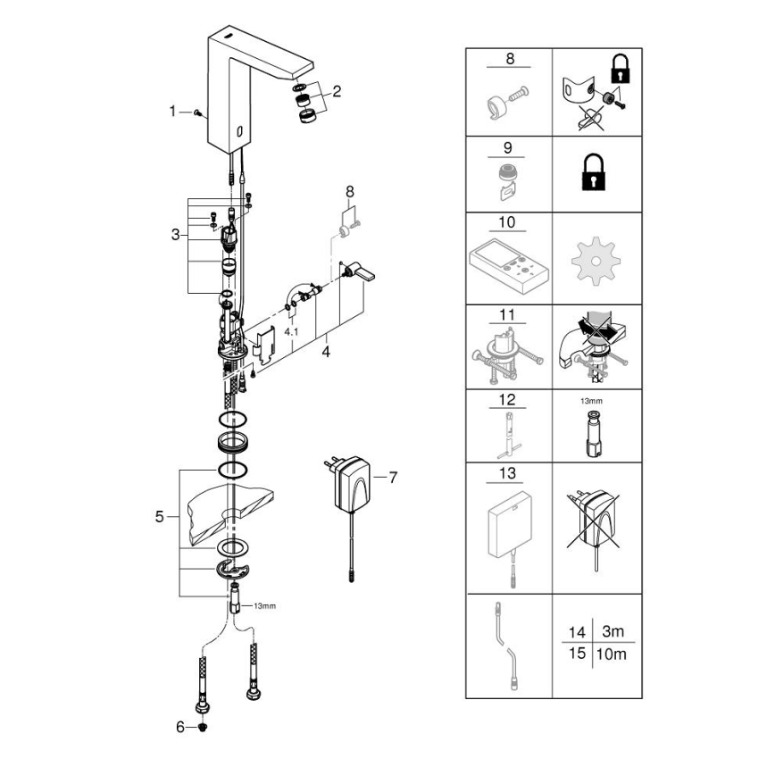 GROHE 36440000 - Mitigeur électronique pour lavabo à capteur infrarouge EUROCUBE E DN 15 chromé