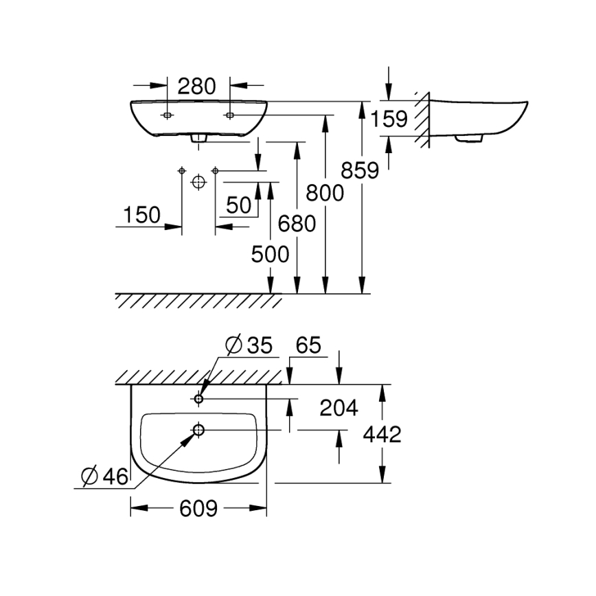 GROHE 39421000 - Lavabo mural suspendu BAU CERAMIC 609 × 442 mm céramique/blanc