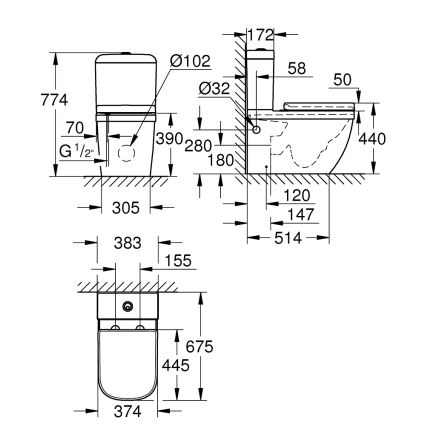 GROHE 39462000 - Ensemble WC EURO CERAMIC 67,5 x 37,4 x 77,4 cm, céramique/blanc