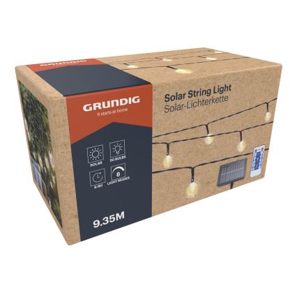 Grundig - Guirlande solaire à intensité variable 50xLED/8 fonctions 9,35m IP44 blanc chaud+Télécommande