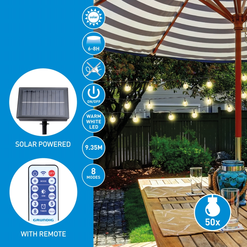 Grundig - Guirlande solaire LED dimmable 50 LED / 8 fonctions 9,35 m blanc chaud 1200 mAh IP44 + télécommande
