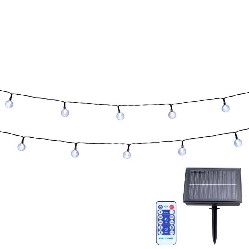 Grundig - Guirlande solaire LED dimmable 50 LED / 8 fonctions 9,35 m blanc chaud 1200 mAh IP44 + télécommande