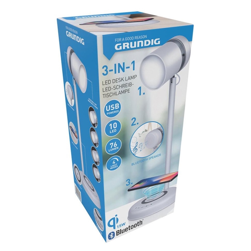 Grundig - Lampe de bureau LED 3 en 1 avec chargement sans fil et haut-parleur LED/15W/5V