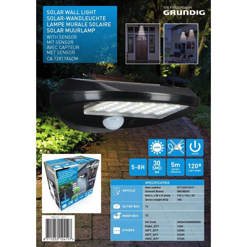 Grundig - LOT 2x Applique murale solaire avec détecteur de mouvement et de crépuscule LED/3,2V 600 mAh