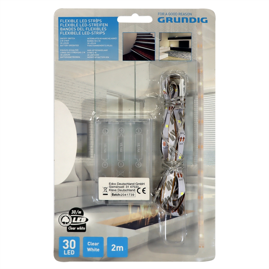 Grundig - Ruban 2m LED/3xAA blanc lumière du jour