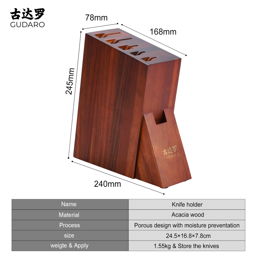 Gudaro - Bloc à couteaux 25x25x10 cm AKIRA acacia