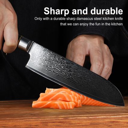Gudaro - Couteau de cuisine Santoku damassé AKIRO 7, 67 couches d'acier, lame 17,5 cm, noir