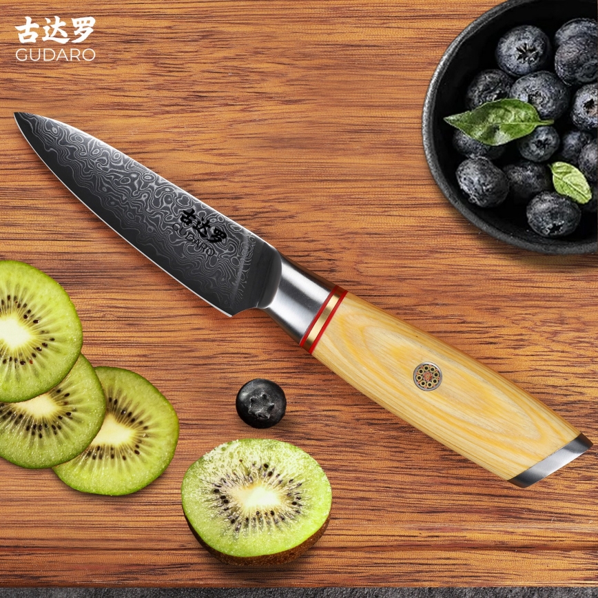 Gudaro - Couteau de cuisine damassé HIKARI 3,5, 67 couches d'acier, longueur 9,5 cm
