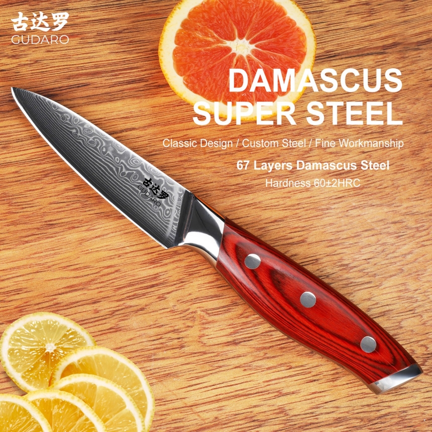 Gudaro - Couteau de cuisine damassé KENSHO 3,5, 67 couches d'acier, longueur 9,5 cm