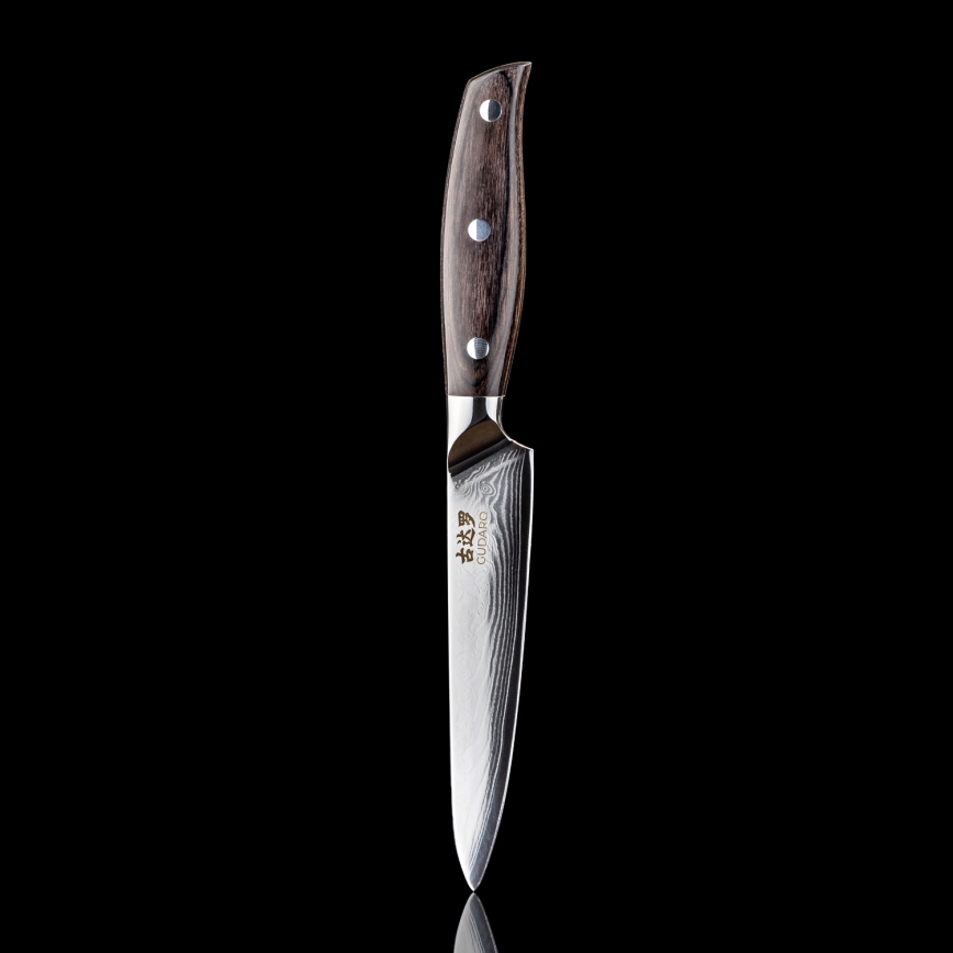 Gudaro - Couteau de cuisine polyvalent en acier damassé SHIRO 5, 67 couches d'acier, longueur de la lame 12,5 cm